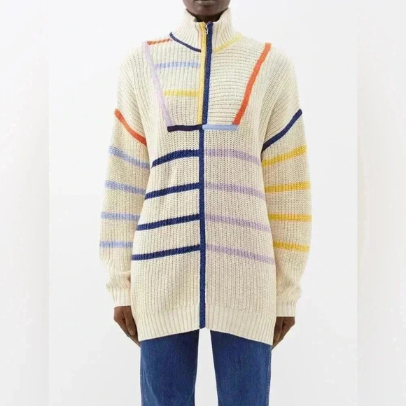 STAUD Hampton Striped Oversized Sweater S Top Turtleneck Shirt Cream Chunky Knit - Picture 1 of 8